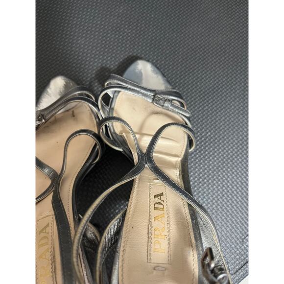 Prada Milano Silver Metallic High‎ Heels Strappy Womens Shoes Size 37.5 US 7.5 - Picture 11 of 12